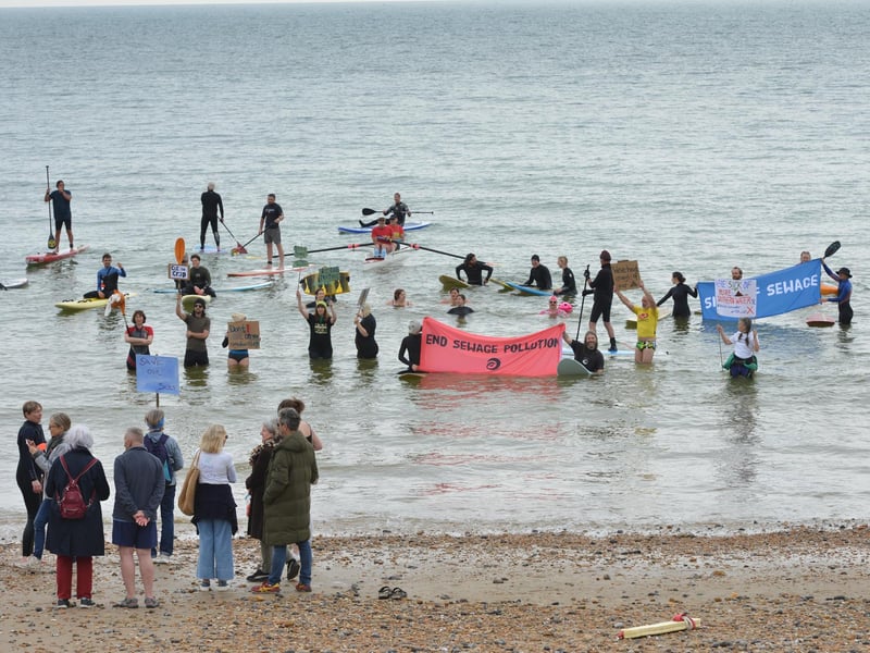 Surfers Against Sewage Paddle-Out protest in Hastings on May 18 2024.