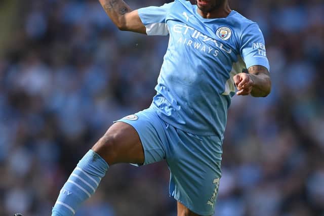 Manchester City player Raheem Sterling in action during the Premier League match between Manchester City and Newcastle United (Photo by Stu Forster/Getty Images)