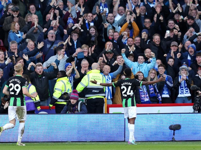 SHEFFIELD, ENGLAND - FEBRUARY 18: Simon Adingra of Brighton & Hove Albion celebrates with the fans scoring his team's fourth goal during the Premier League match between Sheffield United and Brighton & Hove Albion at Bramall Lane on February 18, 2024 in Sheffield, England. (Photo by Matt McNulty/Getty Images)