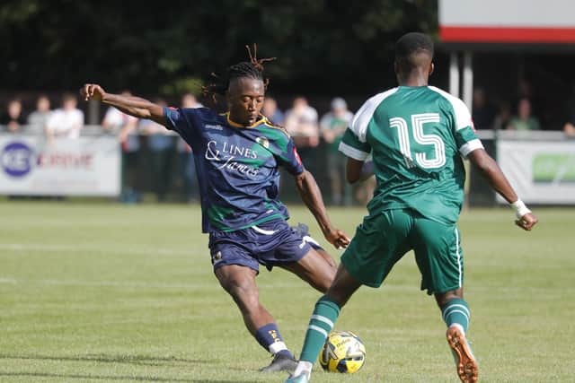 Kadell Daniel fires at goal during Horsham's goalless FA Cup first qualifying round draw at Leatherhead