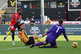 Kalvin Lumbombo-Kalala scored for Lewes – but Invicta won 3-1 | Picture: James Boyes