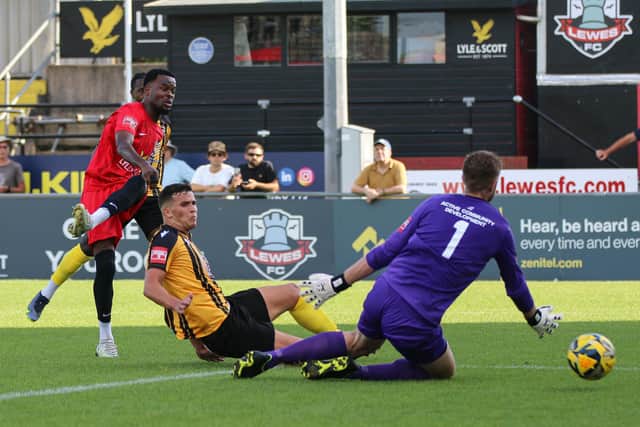 Kalvin Lumbombo-Kalala scored for Lewes – but Invicta won 3-1 | Picture: James Boyes