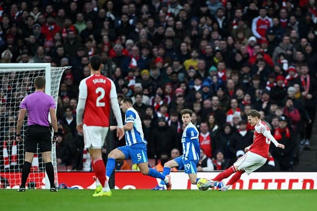 Martin Ødegaard’s 14th minute strike – his first of the season – separated the sides at the break. (Photo by Shaun Botterill/Getty Images)