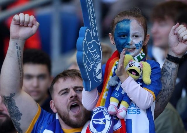 BRIGHTON, ENGLAND - NOVEMBER 13: A young Brighton fan during the Premier League match between Brighton & Hove Albion and Aston Villa at American Express Community Stadium on November 13, 2022 in Brighton, England. (Photo by Christopher Lee/Getty Images)