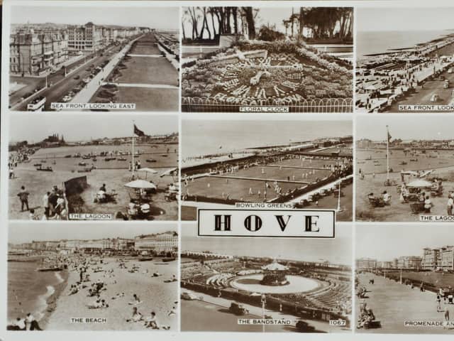 The Hove postcard features nine different scenes