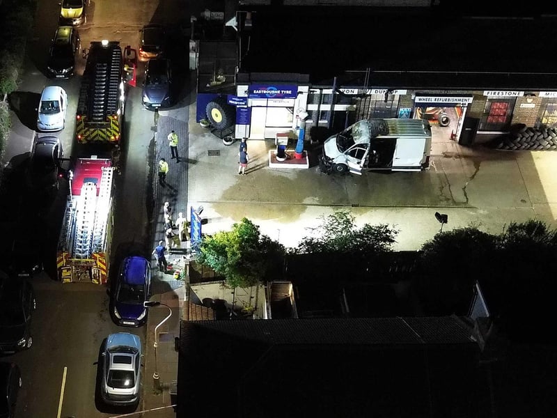 The van fire from above.