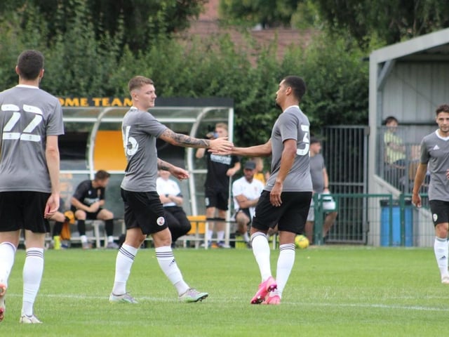 James Tilley and Kwesi Appiah celebrate a goal in the 5-0 win over Three Bridges. Picture by Cory Pickford