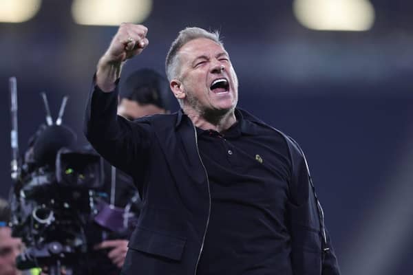Crawley Town boss Scott Lindsey celebrates victory at the end of the Sky Bet League Two Play-Off Semi-Final 2nd Leg match between Milton Keynes Dons and Crawley Town at Stadium mk on May 11, 2024 in Milton Keynes, England. (Photo by Pete Norton/Getty Images)