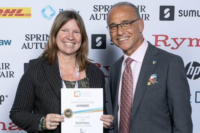 Lynda Nurse, proud owner of EcoOctopus, with Theo Paphitis