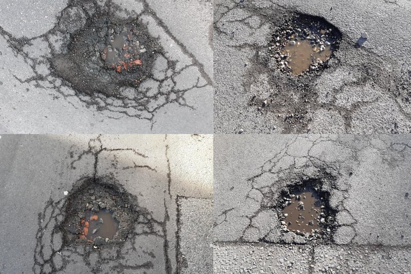Potholes in Worthing's Westcourt Road (top and bottom left) and Woodside Road (top and bottom right). They measure between 12 and 14 inches