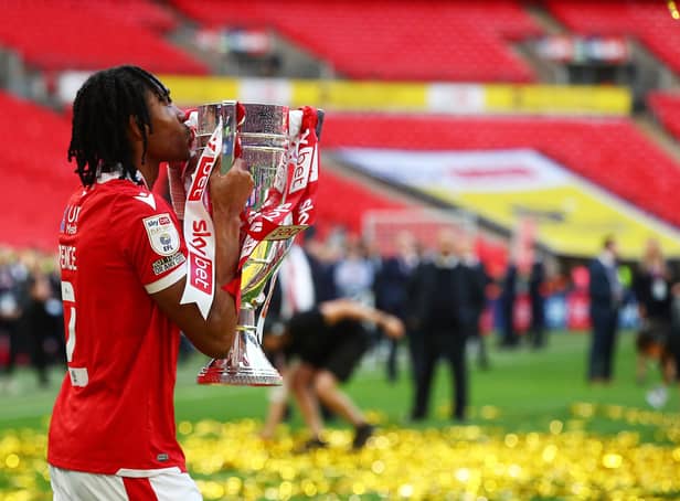 Djed Spence of Nottingham Forest kisses the trophy following their sides victory in the Sky Bet Championship Play-Off Final (Photo by Christopher Lee/Getty Images)
