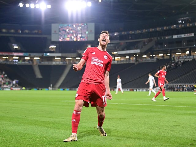 GOAL Crawley Town midfielder Jack Roles (11) scores a goal and celebrates 1-4 during the EFL Sky Bet League 2 play-off second leg match between Milton Keynes Dons and Crawley Town at stadium:mk, Milton Keynes, England on 11 May 2024.:Crawley Town hammered MK Dons 5-1 - and 8-1 on aggregate - to reach the League Two play-off final Wembley. Photographer Dennis Goodwin/Pro Sport Images was there to catch the action, the crowd and the celebrations