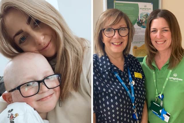 Lisa Bonner with Henly during treatment and Worthing Hospital children’s ward administrator Jane Boxall with Momentum Children’s Charity family support worker Tina Murden