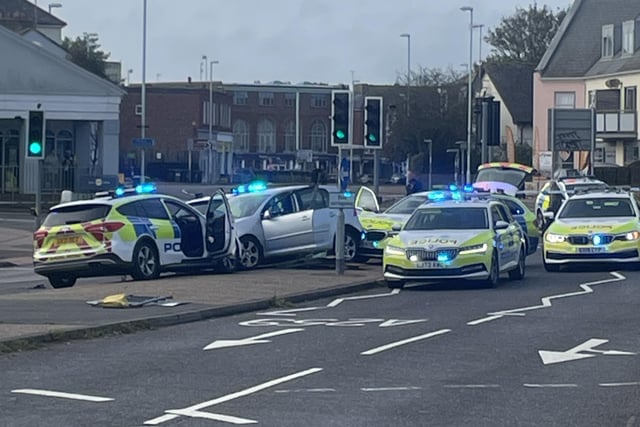 Multiple police cars were involved in an 11-mile pursuit of a vehicle in Sussex, which began in Brighton and ended in Worthing.