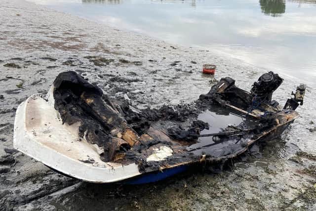 The boat was ablaze in Emerald Quay, Shoreham Harbour, yesterday (Saturday, July 8) evening. Picture: Shoreham Coastguard