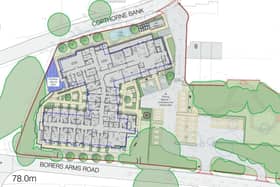 Proposed layout of new care home in Copthorne. The blue dotted line shows the footprint of the old Francis Court Care Home. Image: KWL Architects Ltd