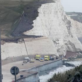 Emergency service vehicles at the bottom of the cliffs in Saltdean on the afternoon of Thursday, October 15. Photo: Sussex News and Pictures