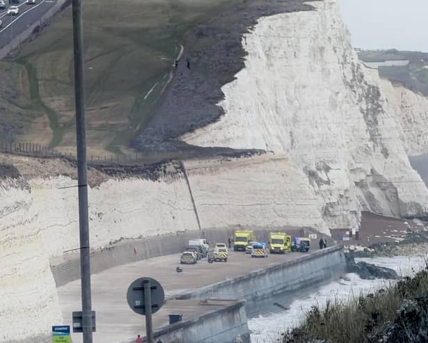 Emergency service vehicles at the bottom of the cliffs in Saltdean on the afternoon of Thursday, October 15. Photo: Sussex News and Pictures