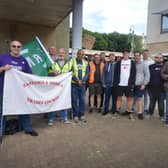 Rail strike on June 21 2022. Union members outside Hastings Railway Station.