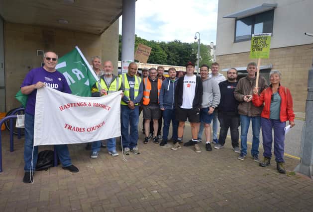 Rail strike on June 21 2022. Union members outside Hastings Railway Station.