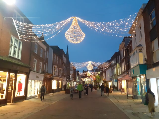 Christmas lights in East Street, Chichester, in 2020