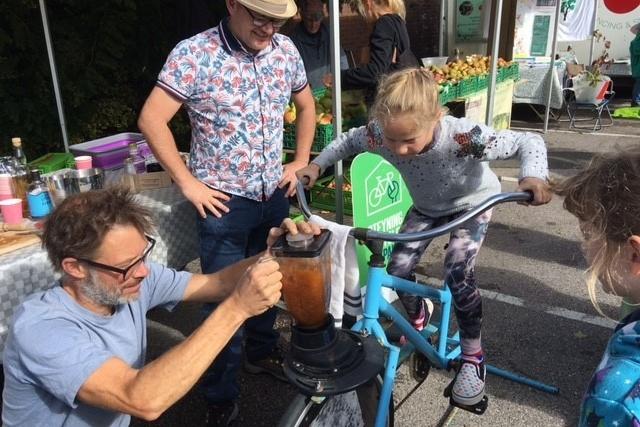 Cocktail making by bicycle with On Yer Bike at Steyning Farmers Market