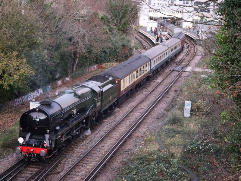 The Christmas Sussex Belle, Merchant Navy Class 35028 Clan Line, leaves Hastings Railway Station on November 19 2025. Pic by Kevin Boorman.