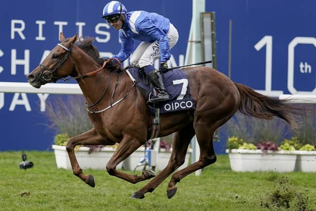 Jim Crowley riding Aldaary to win The Balmoral Handicap Stakes during the Qipco British Champions Day at Ascot (Photo by Alan Crowhurst/Getty Images)