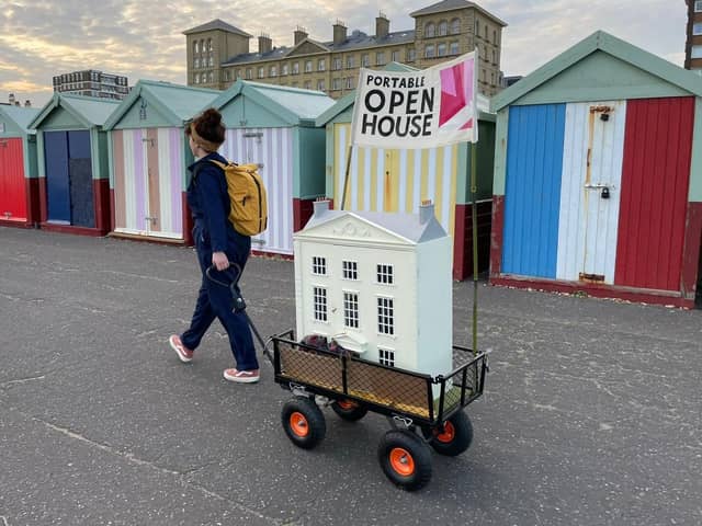 Artist Bryony Devitt with her Portable Open House