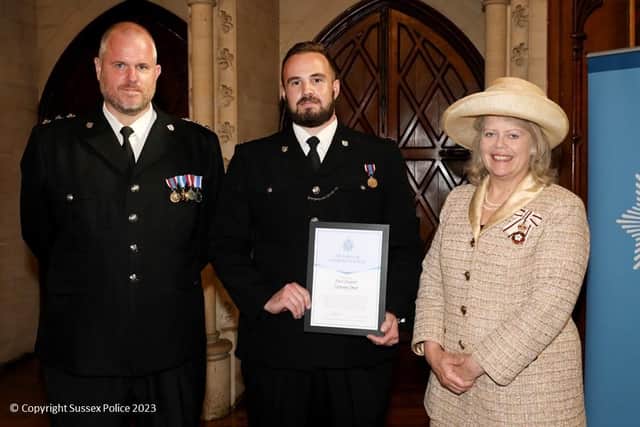 Chief Inspector Jon Carter, PC Zachary Stout and Lord-Lieutenant Lady Emma Barnard. Photo: Police
