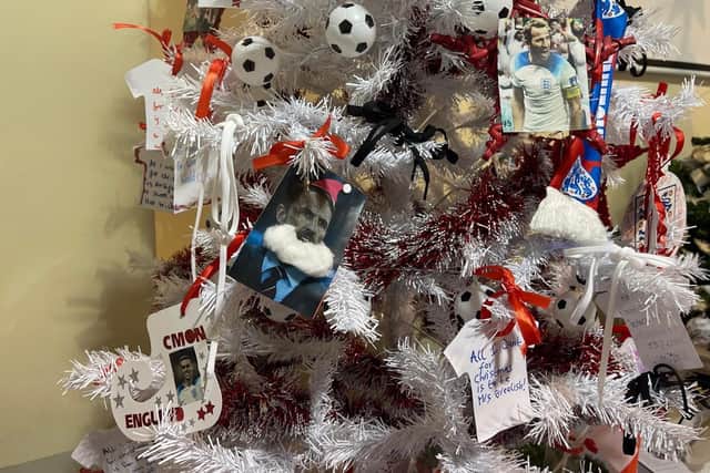 Henfield Football Club created a football-themed Christmas tree ahead of England's World Cup game on Saturday