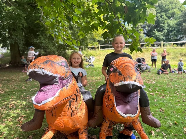 Dinosaur riders Michael and Adele.
