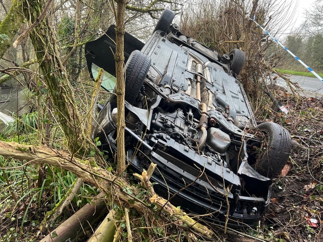 A rolled over car on London Road, just outside Burgess Hill, on Christmas Eve (Tuesday, December 24)