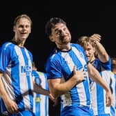 Heath players celebrate Lukas Franzen-Jones' late, late FA Cup winner v Sutton Common Rovers | Picture by James Gething
