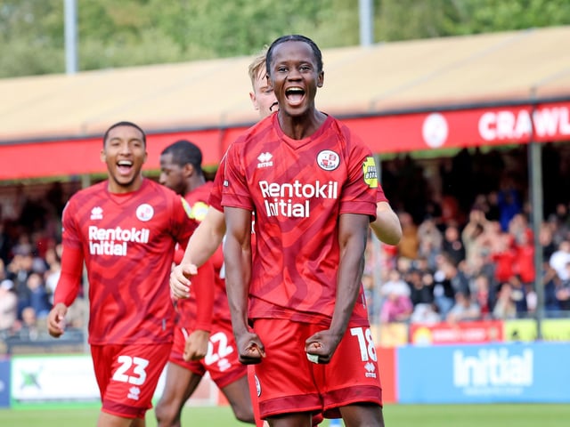 Crawley's Armando Quitirna equalises from the penalty spot and celebrates : Crawley Town drew 1-1 with Stockport County in their League One encounter at the Broadfield Stadium. Stephen Lawrence/Telephoto Images was there to catch the action