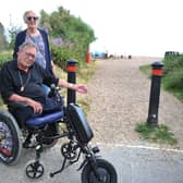 Double amputee Alan Hultquist, who uses a mobility scooter, cannot get on East Preston beach. Picture: Steve Robards/Sussex World