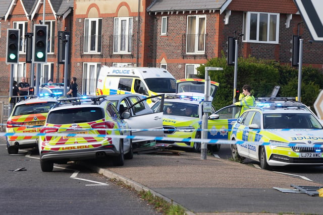 Multiple police cars were involved in an 11-mile pursuit of a vehicle in Sussex, which began in Brighton and ended in Worthing.