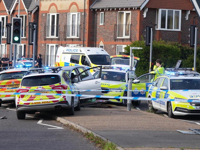 Multiple police cars were involved in an 11-mile pursuit of a vehicle in Sussex, which began in Brighton and ended in Worthing.