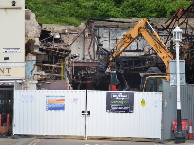 Demolition of former nightclub and amusement arcade in George Street, Hastings. Photo was taken on May 30 2023.