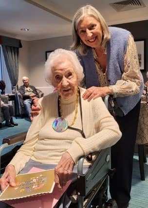Pat celebrating her 104th birthday with daughter Jane at Hazel Lodge in Battle