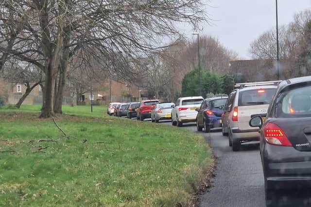 Traffic is queuing on Broadfield drive in Crawley