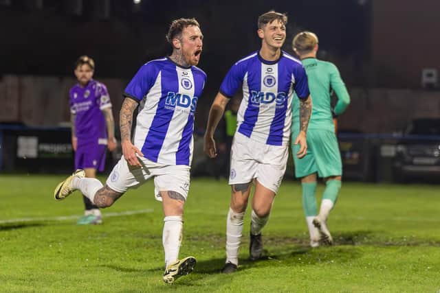 Haywards Heath Town celebrate a goal in their 3-1 win v YM in the RUR Cup | Picture by James Gething