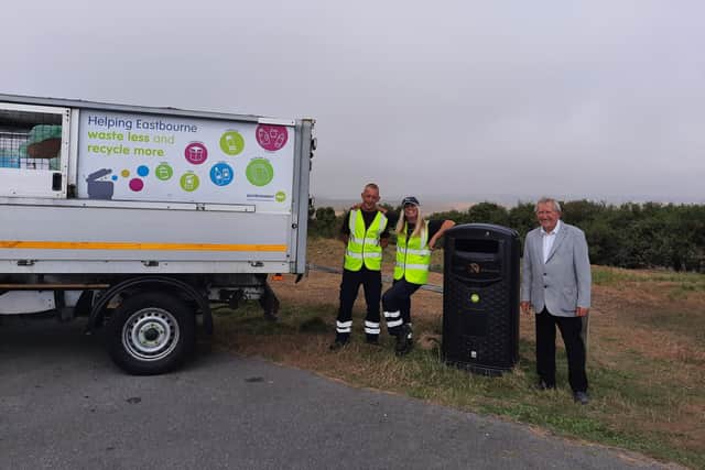 Councillor Colin Swansborough (right) with one of the new bins