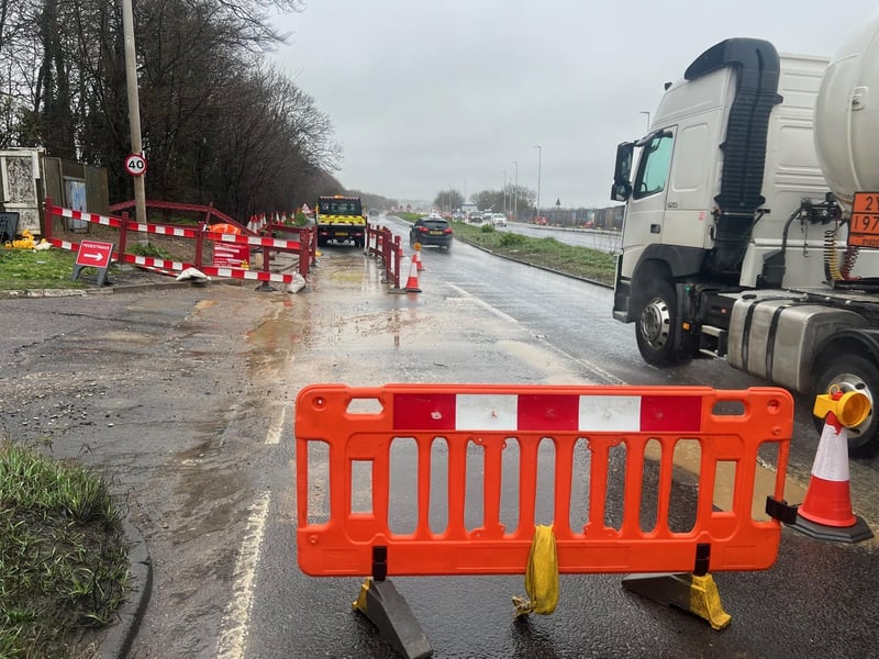 Traffic has been reduced to one lane, with dozens of cones in place, on the A27 eastbound – just past Lancing roundabout.