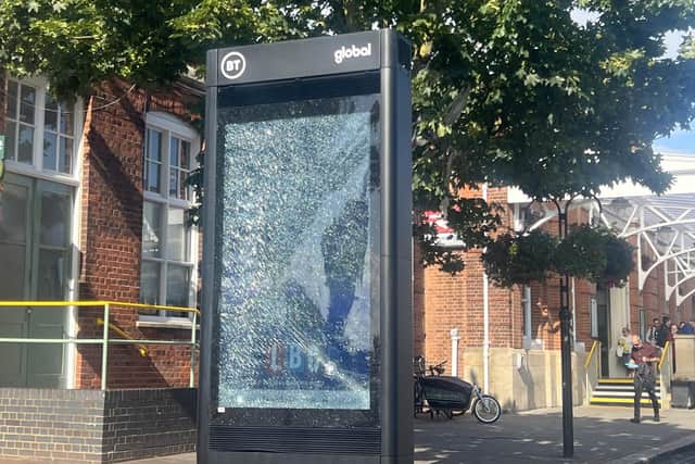 For the second time in under three months, vandals have targeted one of BT’s high-tech street hubs – this time on Railway Approach. Photo: Eddie Mitchell