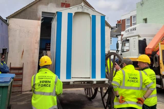 The bathing machine being transported to the museum