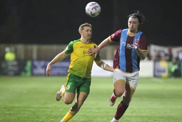 Action from last season's FA Trophy second round clash between Horsham and Farnham Town at the Fusion Aviation Community Stadium. The Hornets ran out 2-0 winners thanks to second half goals from Greg Luer and Charlie Hester-Cook (pictured). Picture by John Lines