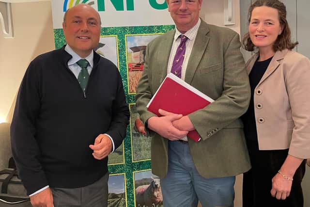Andrew Griffith with Dominic Gardner, West Sussex Farmer and NFU branch Chairman, and Caroline Harriott, West Sussex Farmer and NFU delegate.