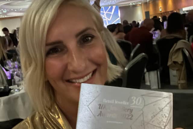 SVP Jewellery founder Sarah Parham with her trophy at the UK Jewellery Awards 2022