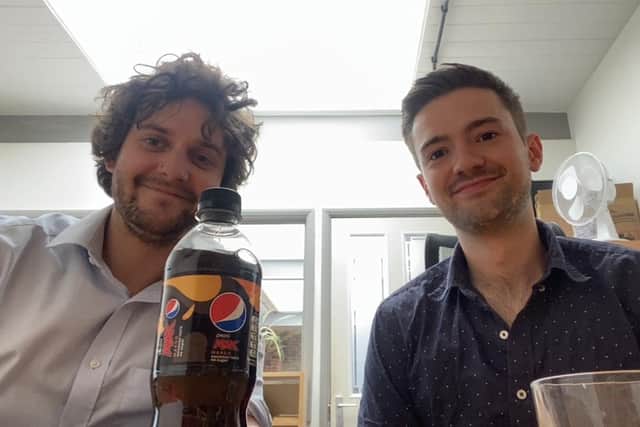 SussexWorld reporters Sam Pole (left) and Jacob Panons (right) with the new mango Pepsi Max